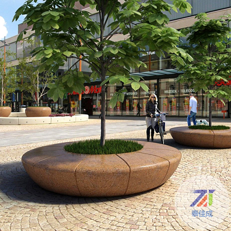 玻璃鋼圓形油漆仿木紋樹池坐凳PU皮座面休閑椅廣場種植大花盆座椅